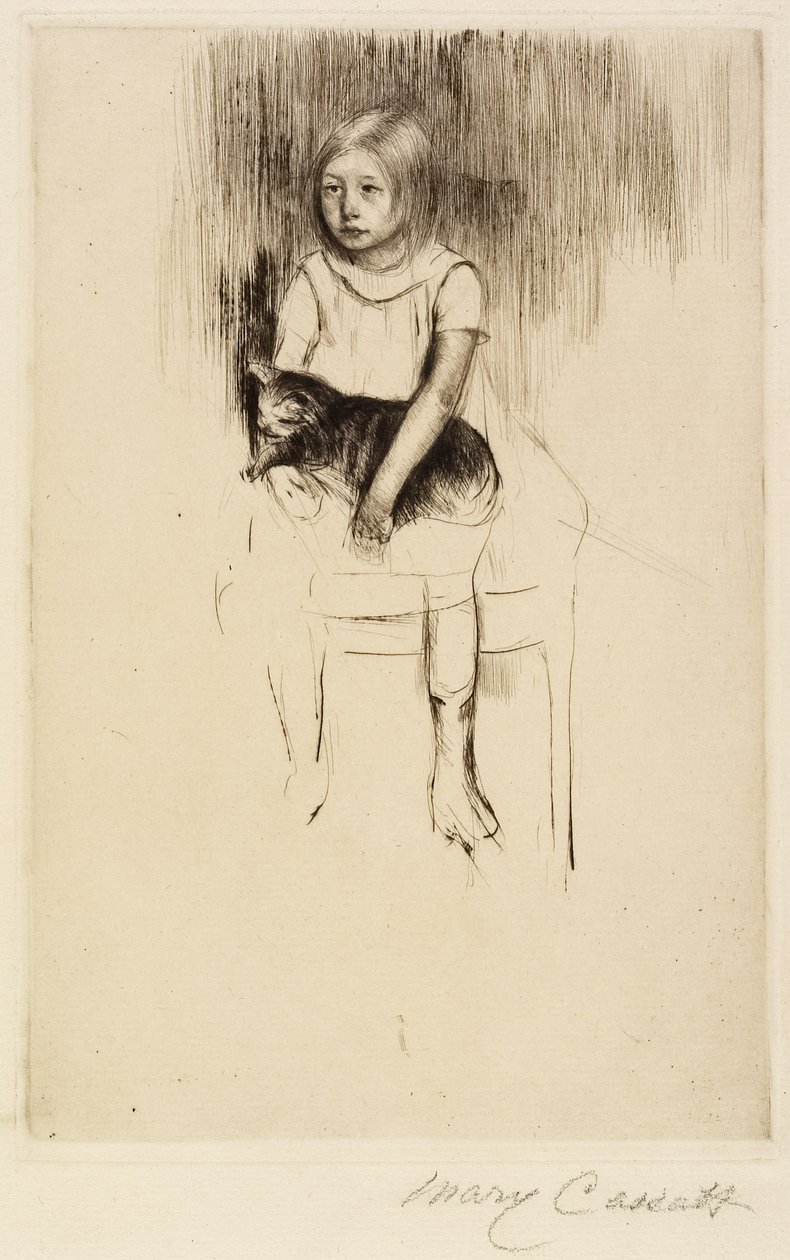 Ellen håller en katt och tittar åt vänster, ca 1887 av Mary Cassatt