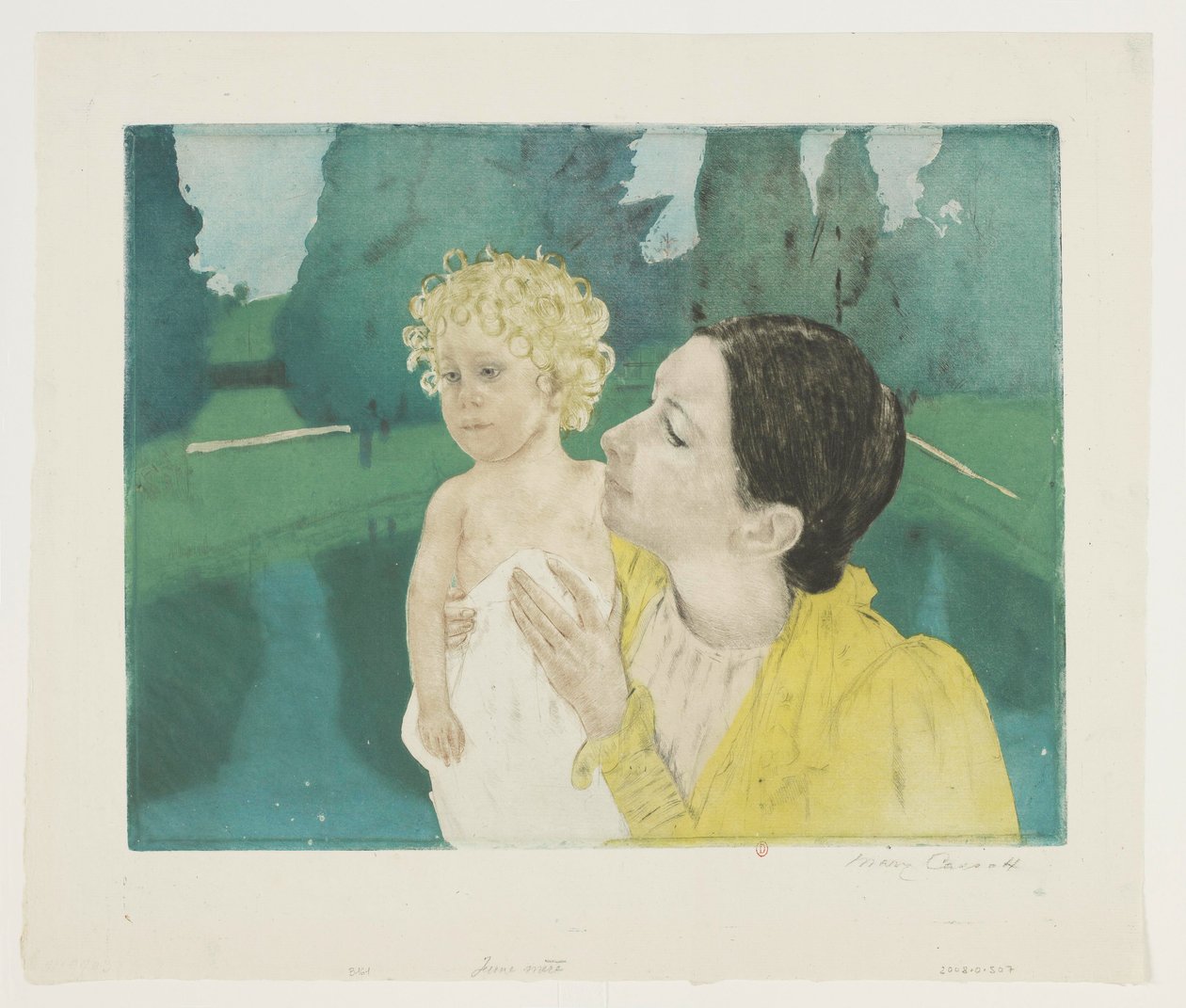 Ung mor i en park framför en bassäng av Mary Cassatt