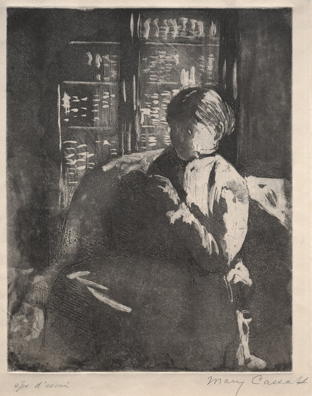 Stickning i biblioteket, c. 1881. av Mary Cassatt