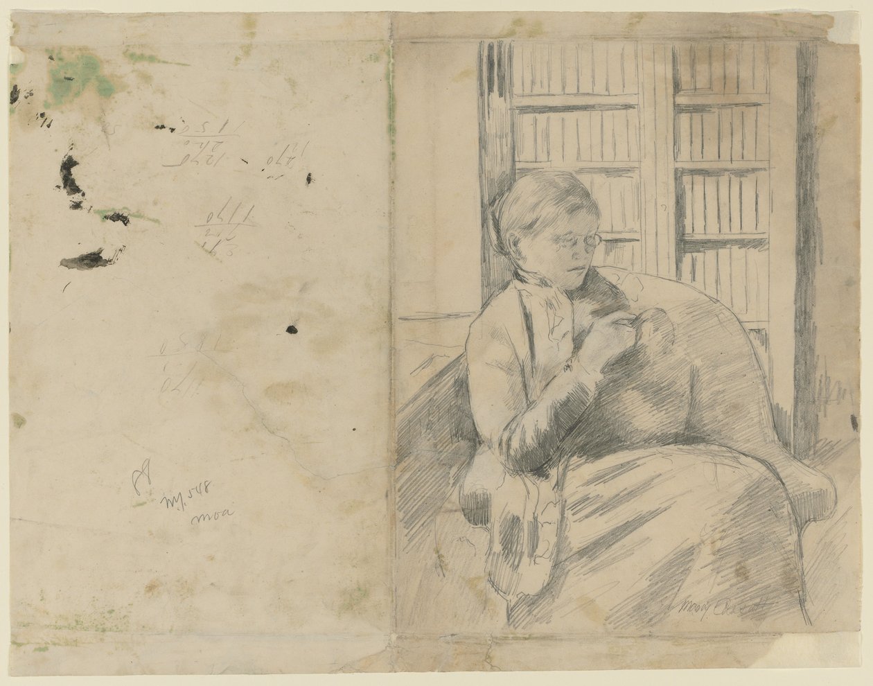 Stickning i biblioteket recto, Stickning i biblioteket verso, c. 1881. av Mary Cassatt