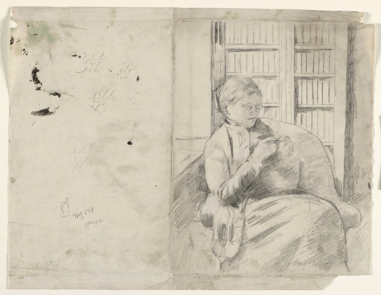 Stickning i biblioteket recto, c. 1881. av Mary Cassatt