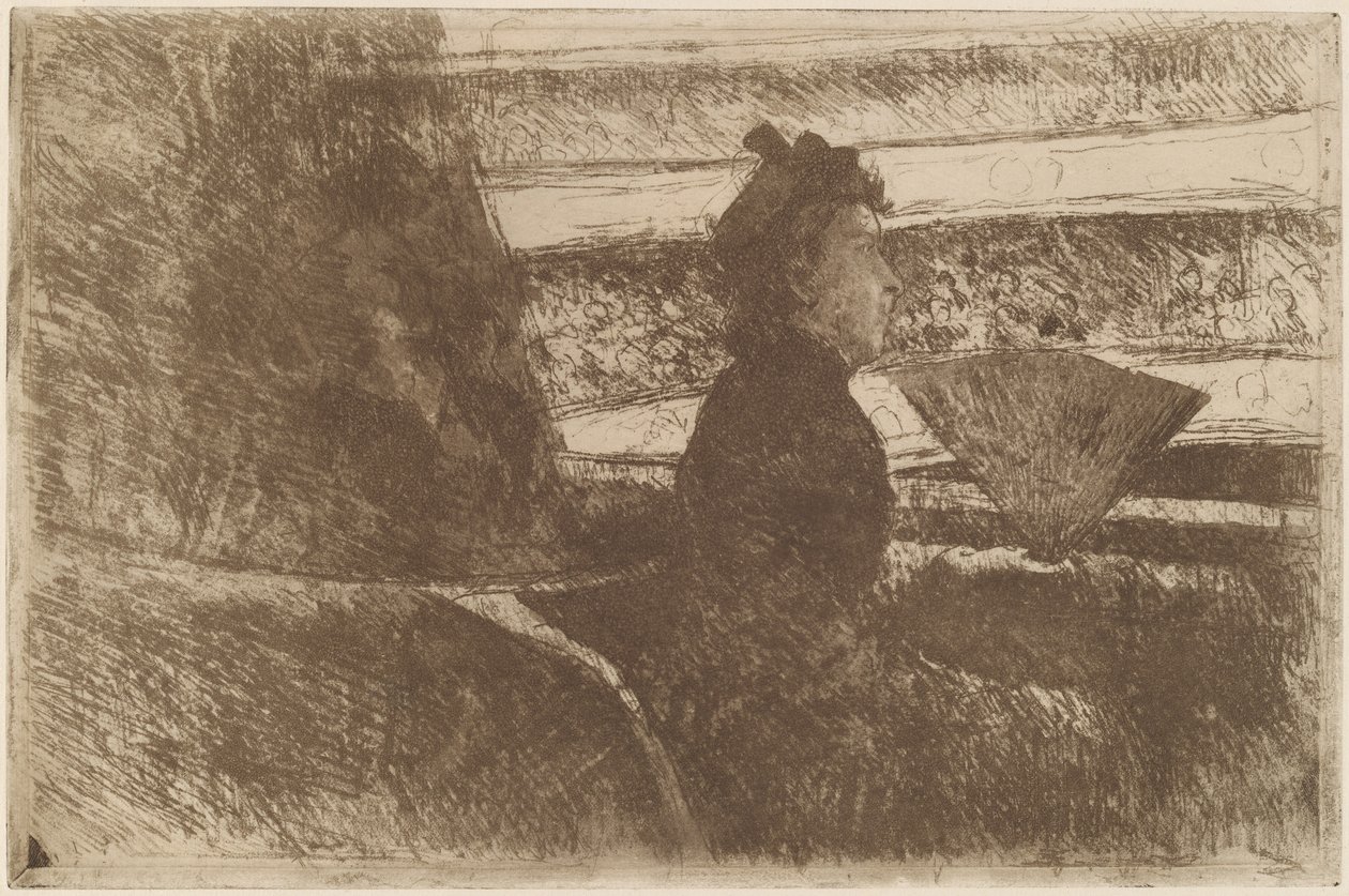 Dam i svart, i en loge, vänd åt höger av Mary Cassatt