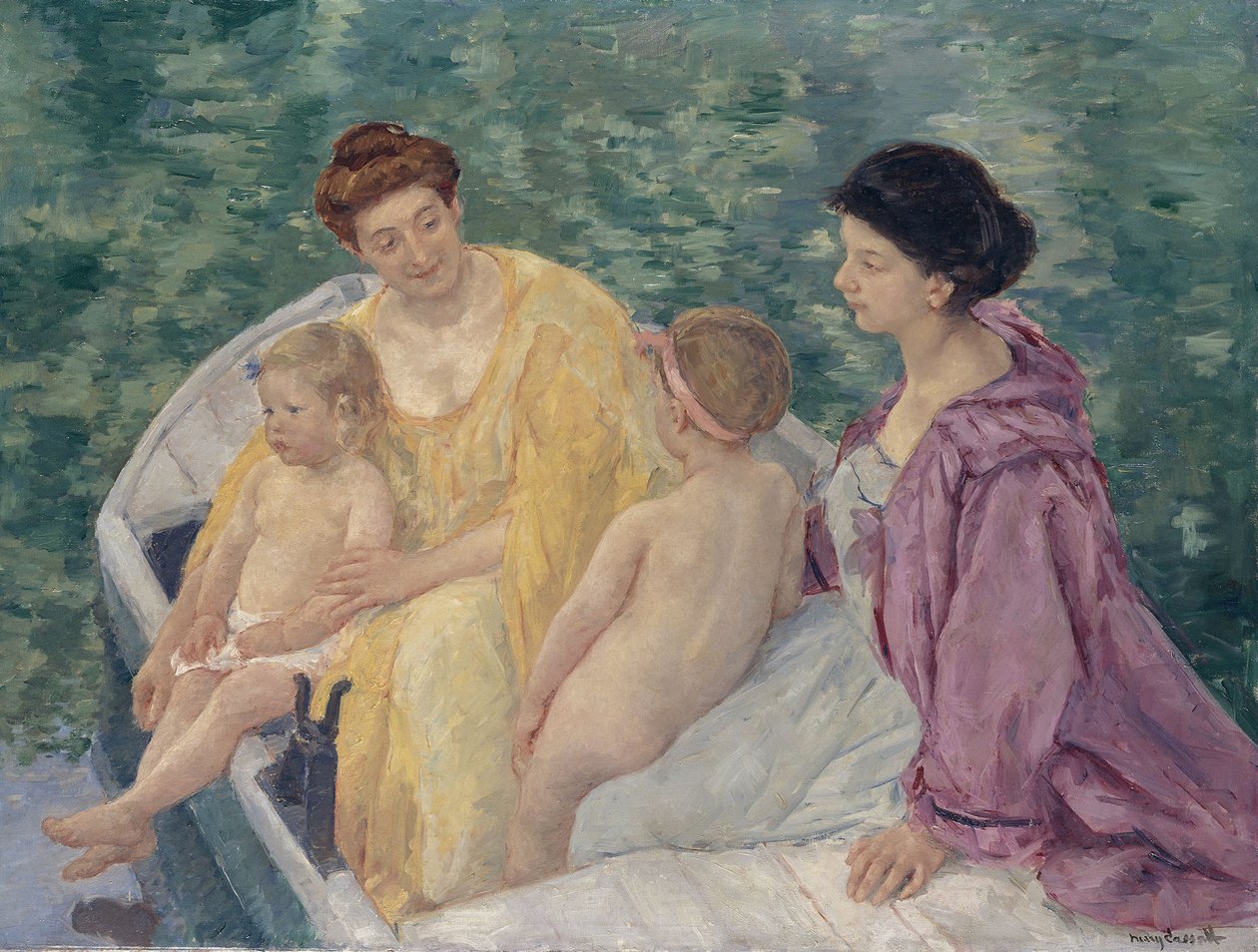 Le Bain Två mammor och deras barn i en båt av Mary Cassatt