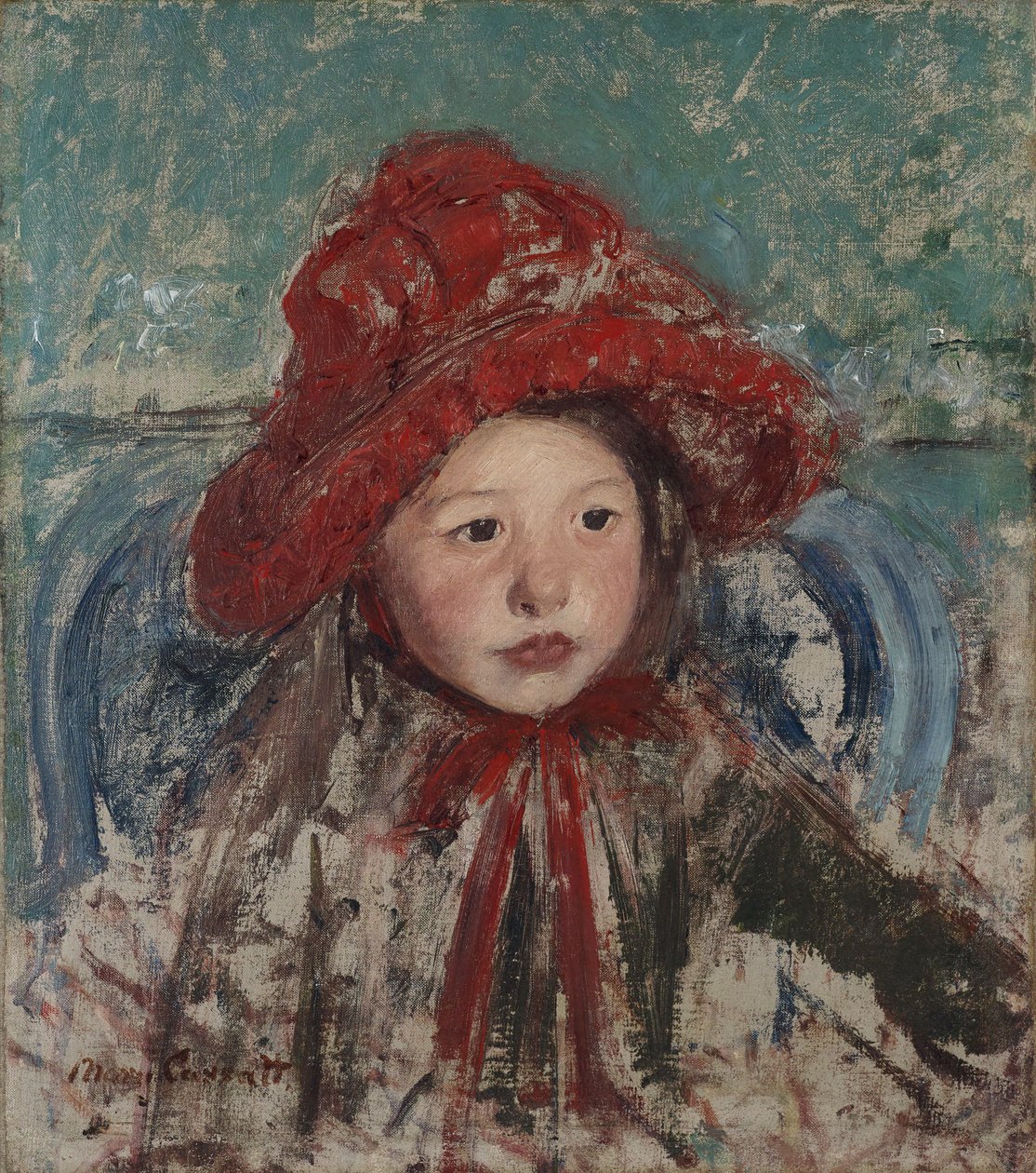 Liten flicka i en stor röd hatt av Mary Cassatt
