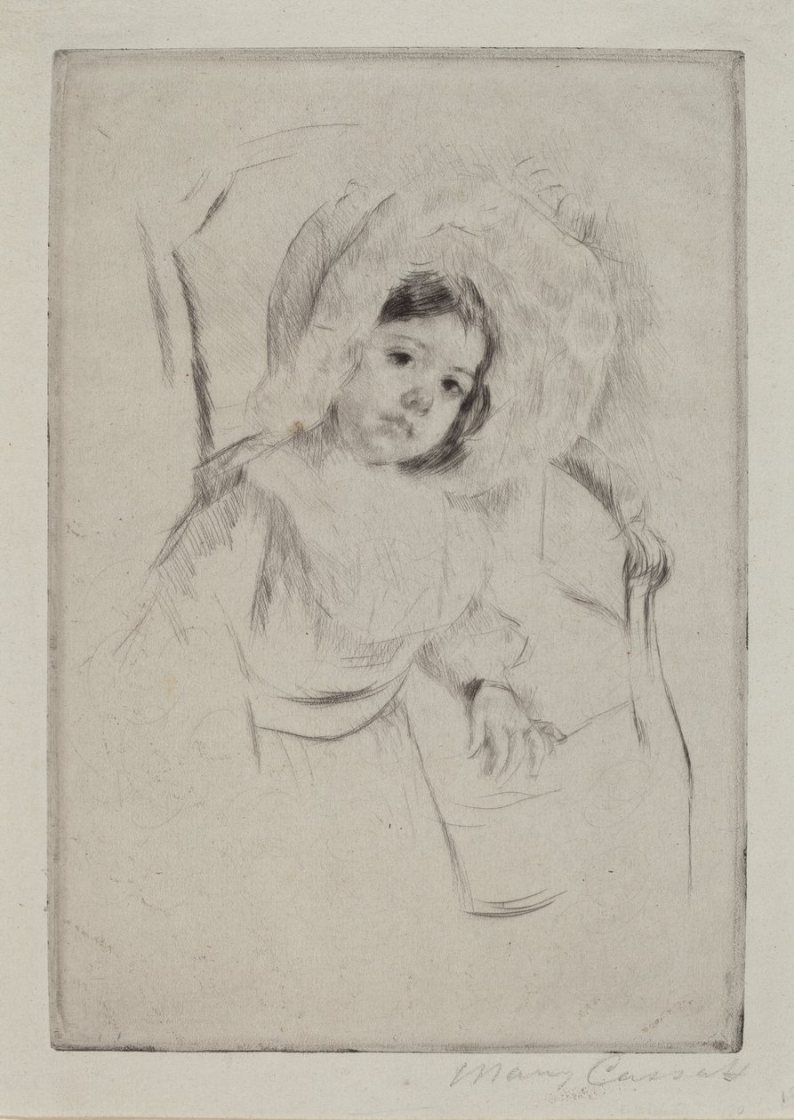 Margot i en disketthuv lutad mot en stol, ca. 1902. av Mary Cassatt