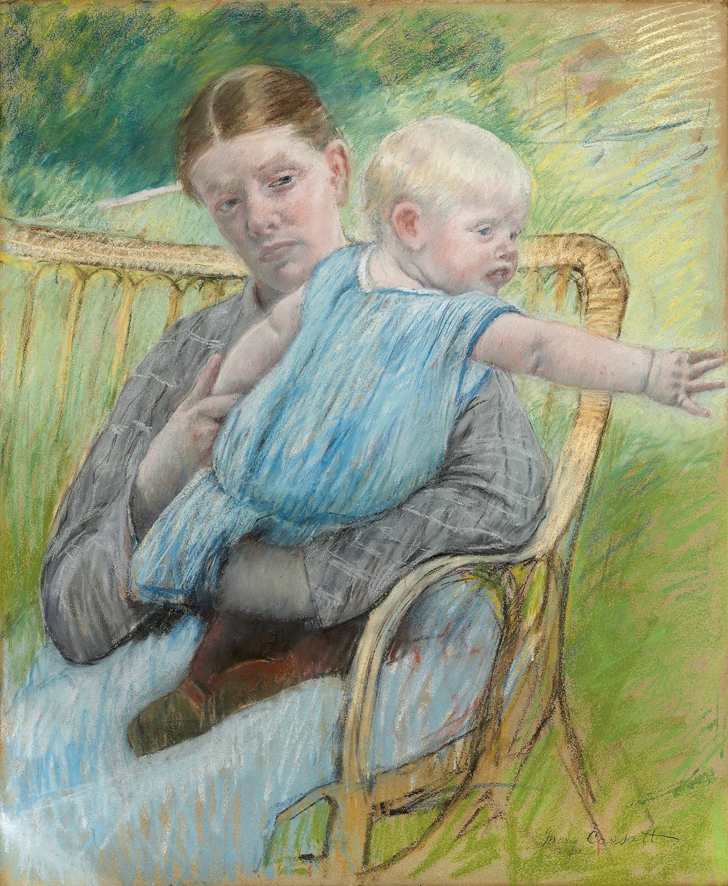 Mathilde håller en bebis som sträcker sig åt höger, ca 1889 av Mary Cassatt