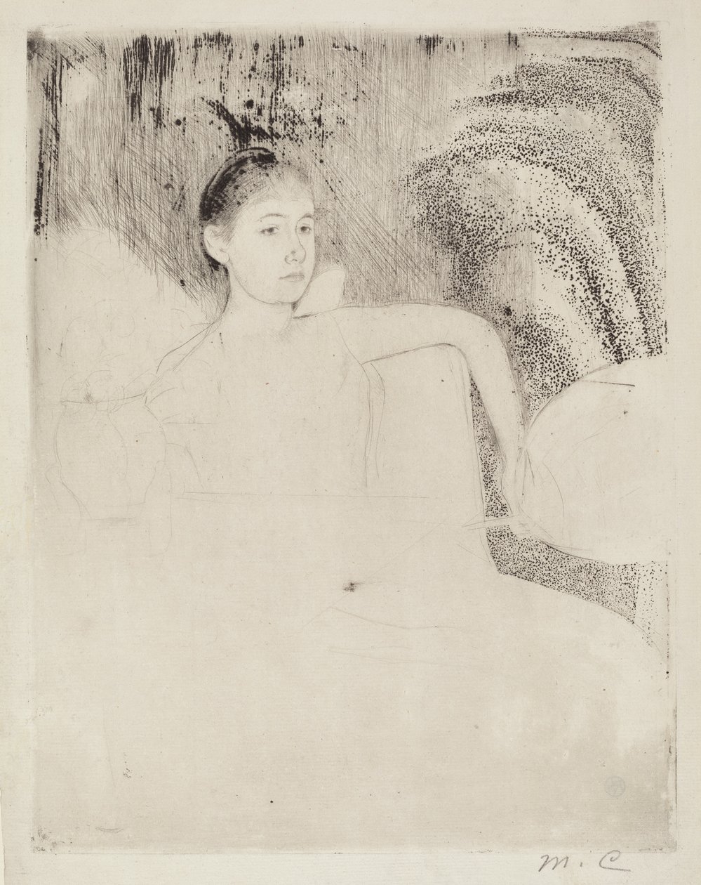 Mimi håller en japansk fläkt av Mary Cassatt