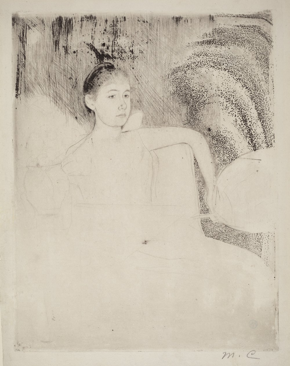 Mimi håller i en japansk solfjäder av Mary Cassatt