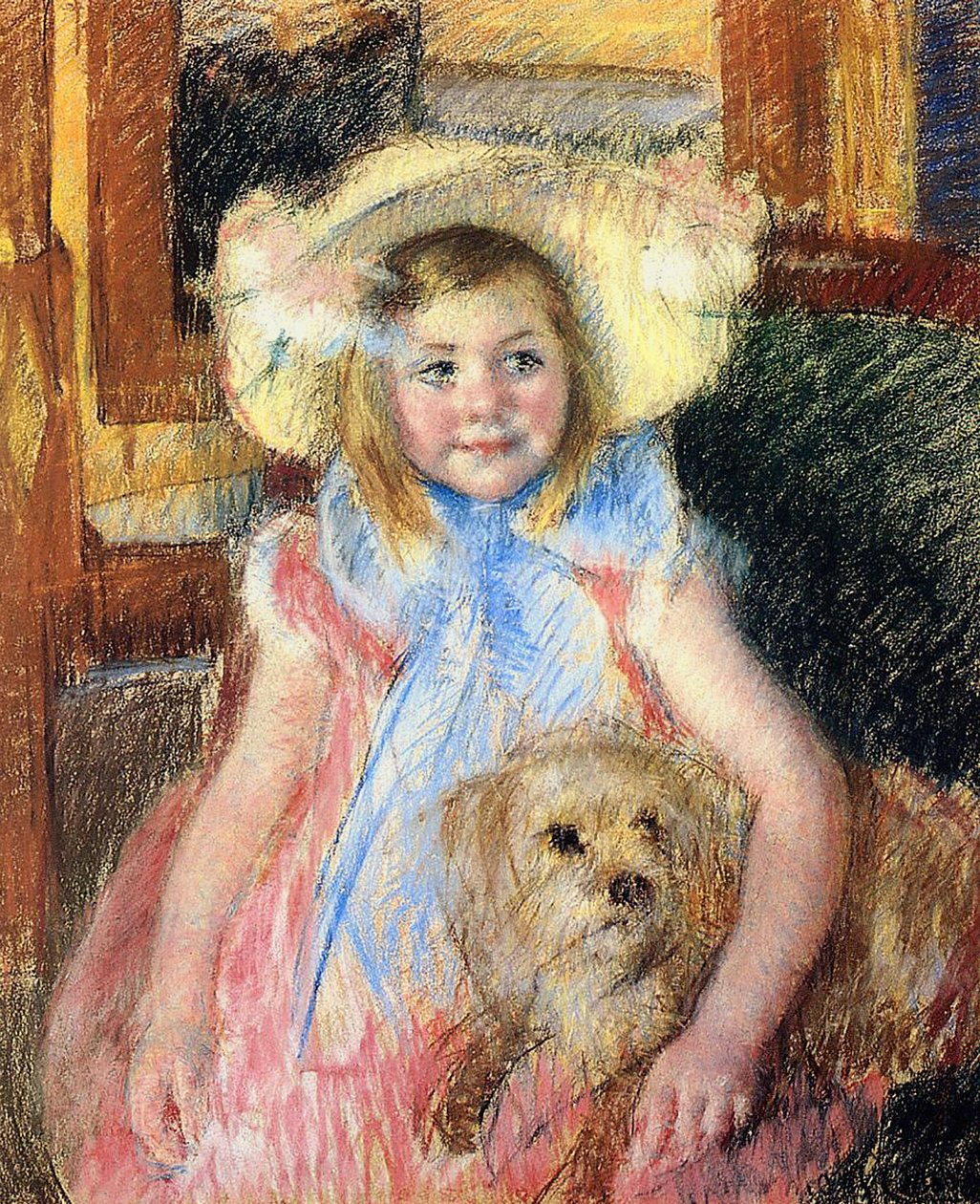 Sara i en stor blommig hatt, tittar rätt, håller sin hund, ca 1901 (pastell på papper) av Mary Cassatt