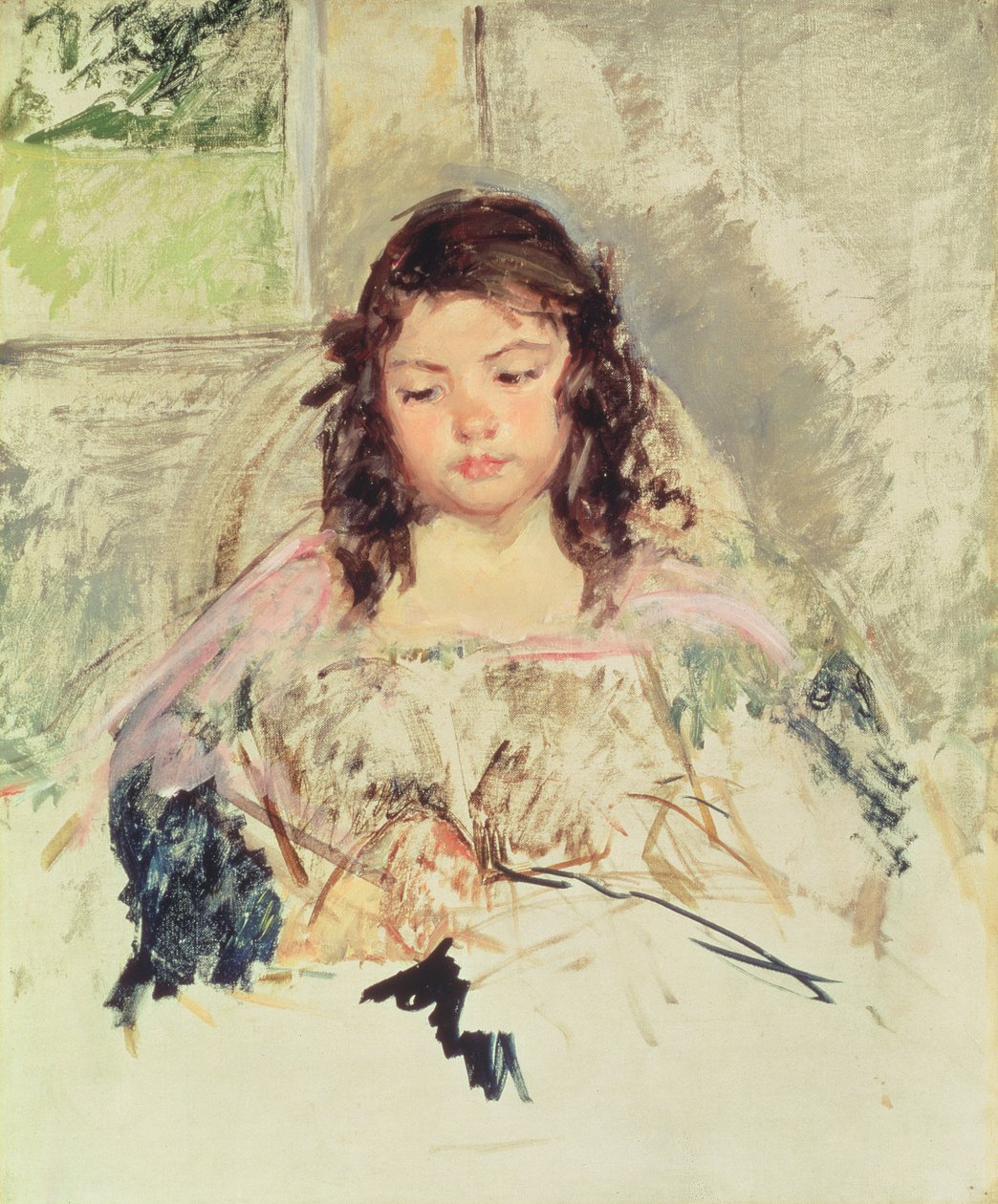 Skiss för "Francoise i en stol med rund rygg, läsning" eller "En flicka i rosa" ca 1908 av Mary Cassatt