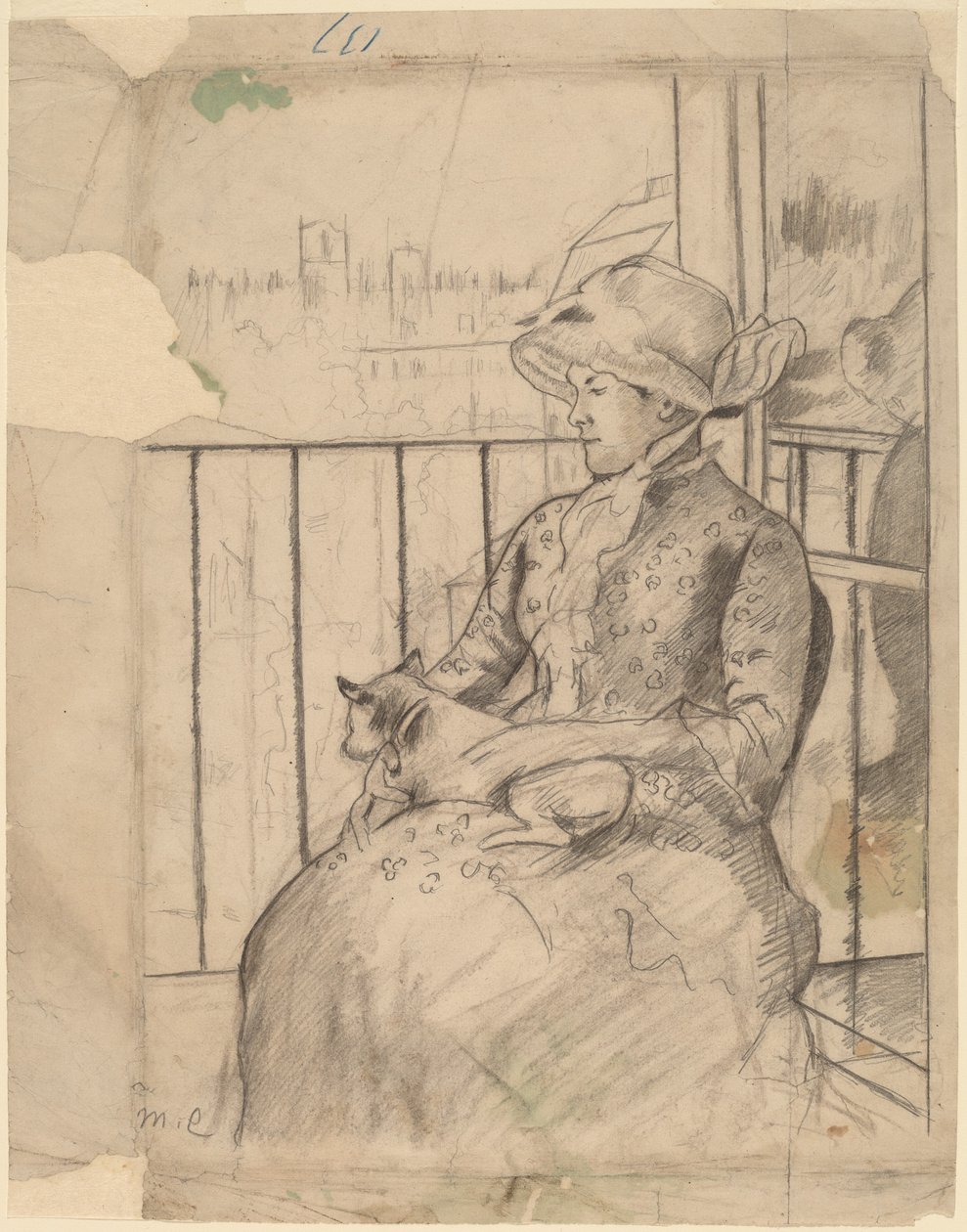 Susan på en balkong håller en hund [recto] av Mary Cassatt