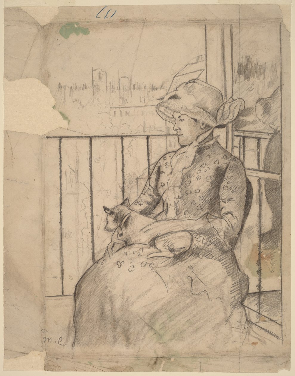 Susan på en balkong med en hund [framsida] av Mary Cassatt