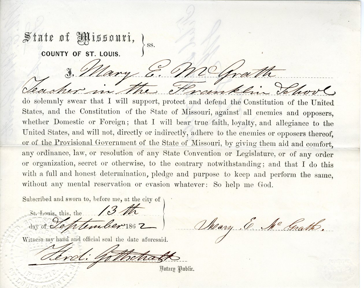 Loyalty oath of Mary E. McGrath of Missouri, County of St. Louis av Mary E. McGrath