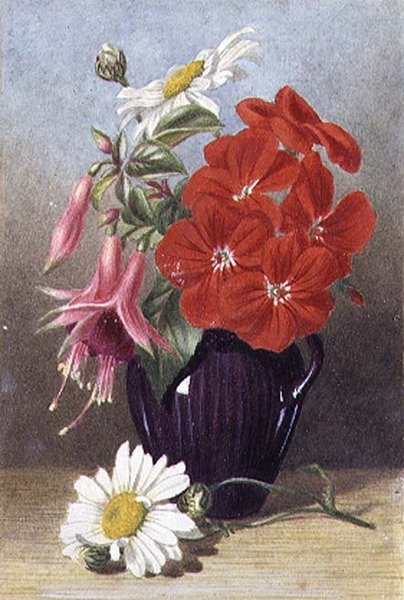 Geraniums och Fuchsior i glaserad lila kanna av Mary Elizabeth Duffield