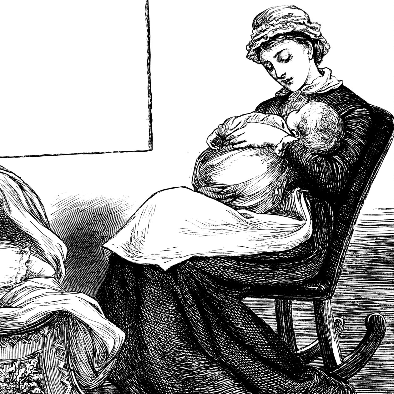En mamma som gosade sitt barn, medan hon satt på en gungstol av Mary Ellen Edwards