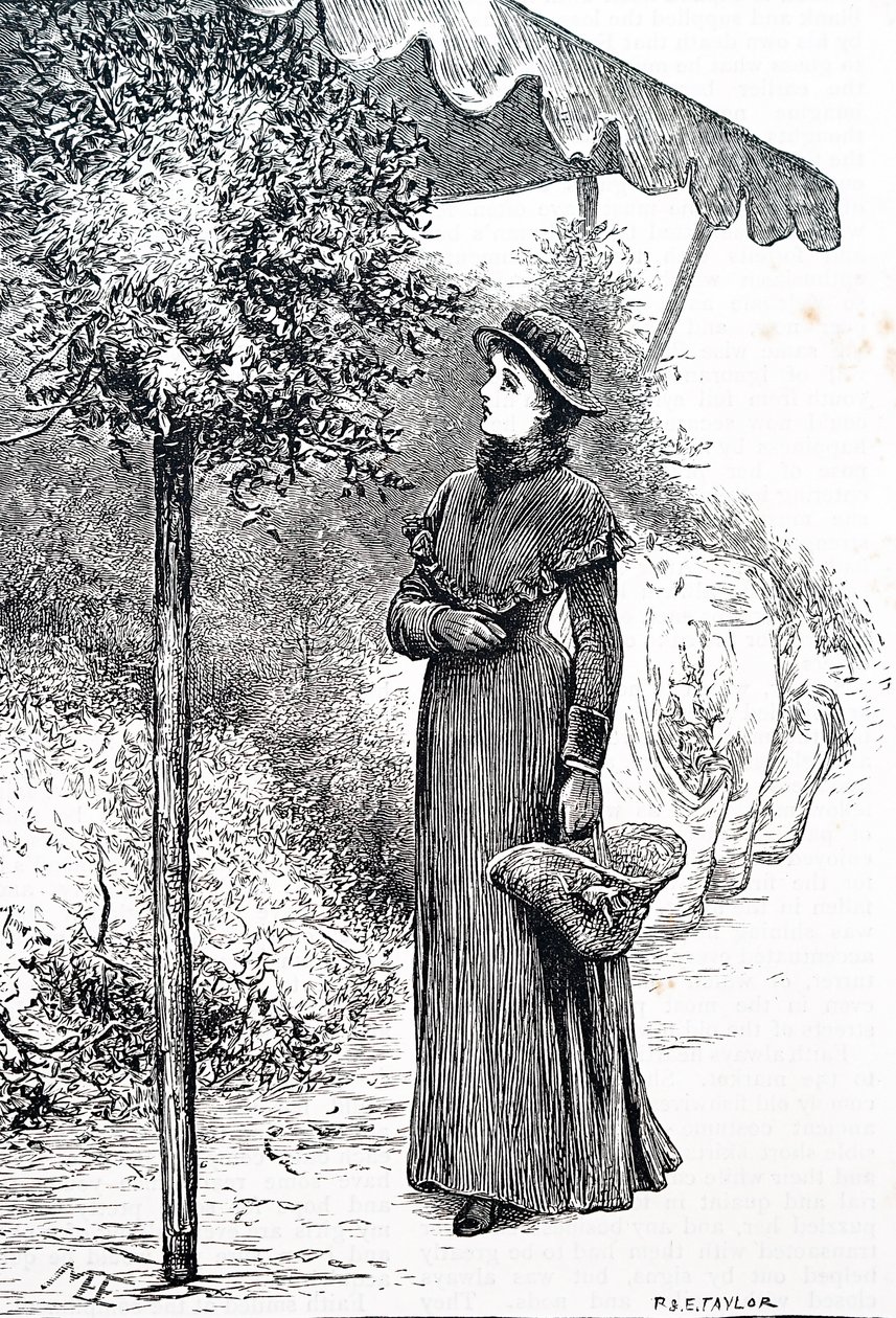 En kvinna som köper järnek för att använda till juldekorationer. Av Mary Ellen Edwards (1838-1934), en engelsk konstnär av Mary Ellen Edwards