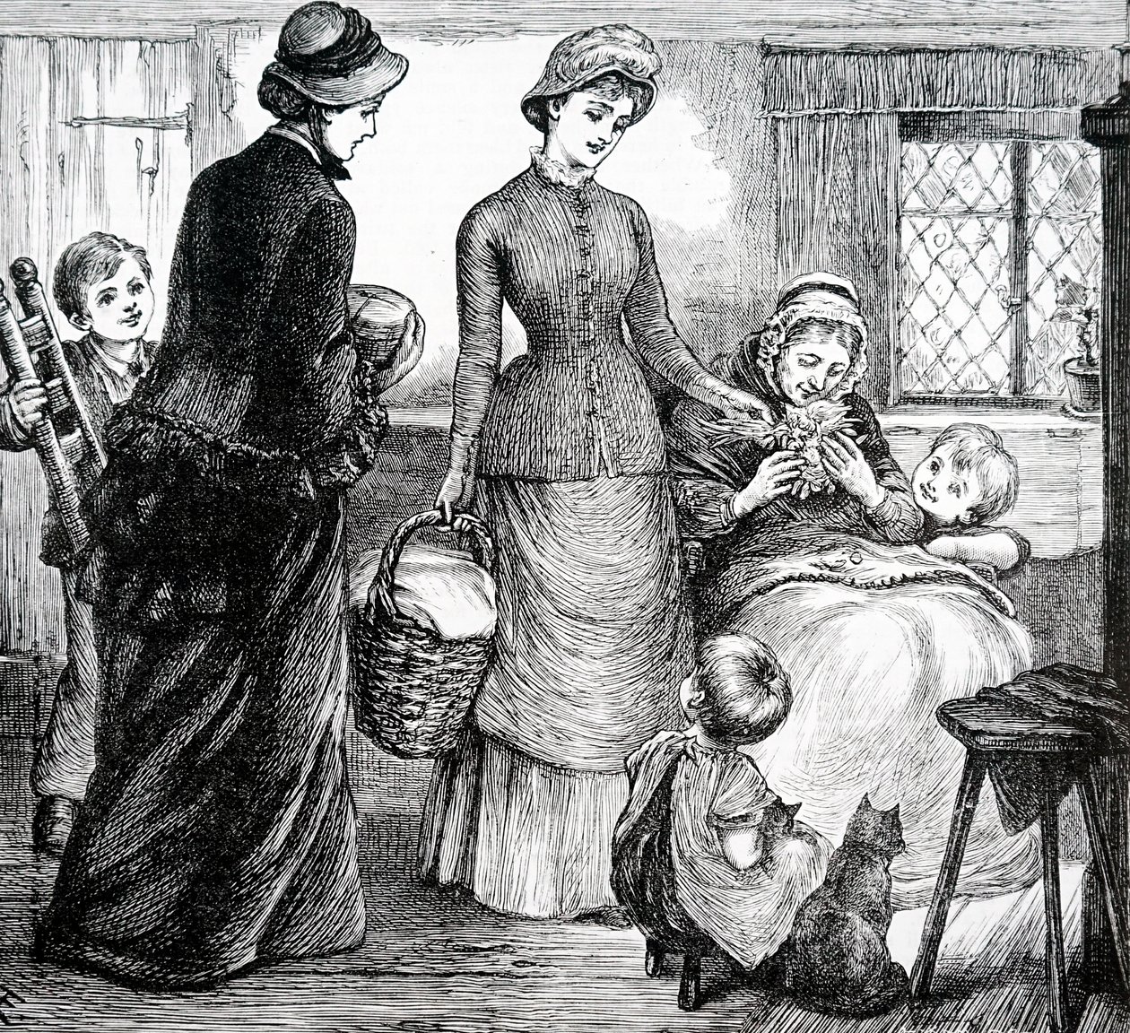 En kvinna som ger gåvor till en fattig stuga. Av Mary Ellen Edwards (1838-1934), en engelsk konstnär av Mary Ellen Edwards
