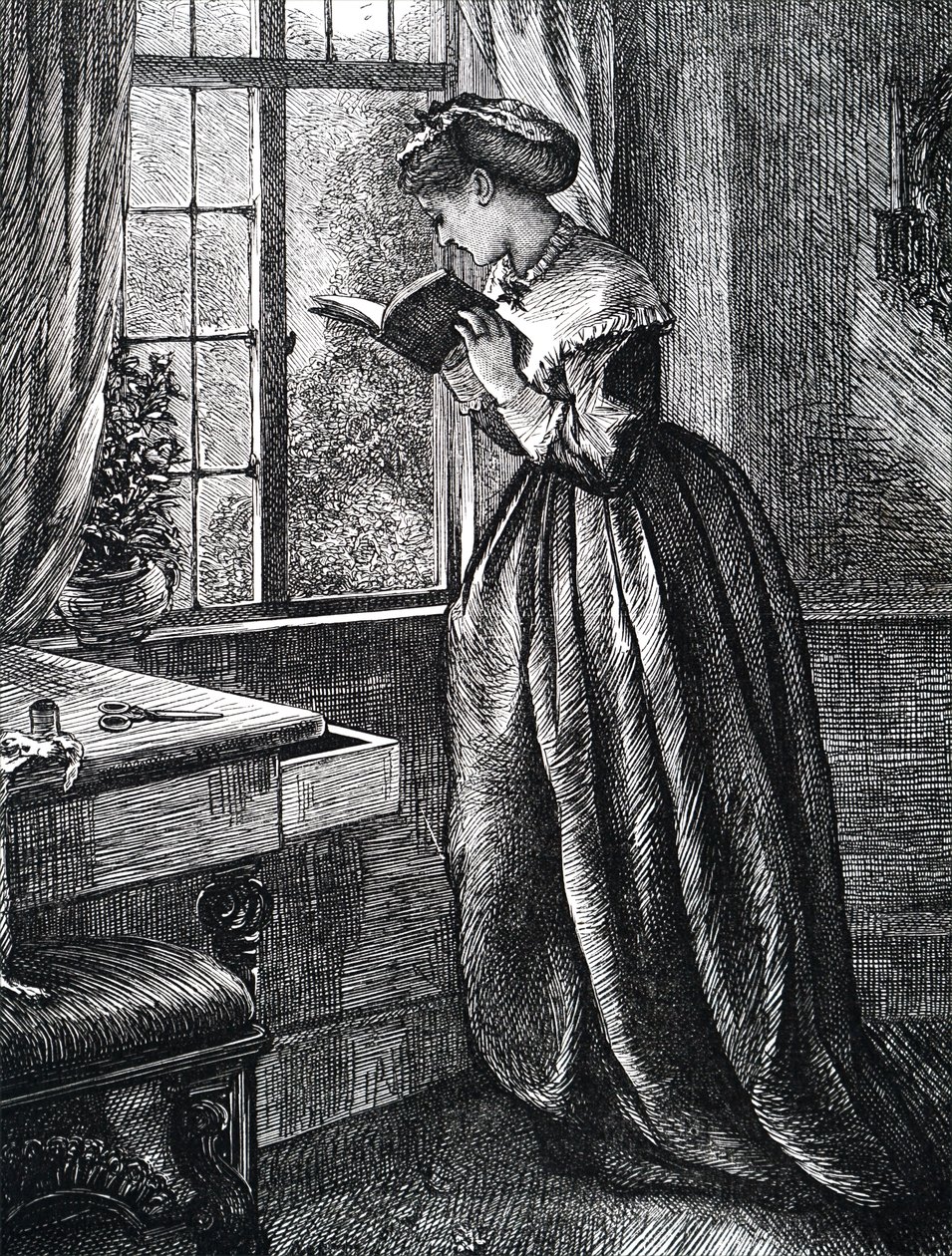 En ung kvinna som läser vid ett öppet fönster. av Mary Ellen Edwards