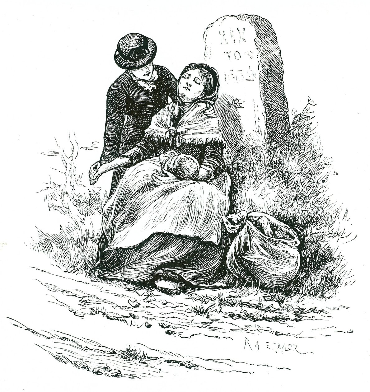 En utblottad, ogift mamma hittades utmattad på väg till Workhouse med sin baby. Scen som påminner om en Thomas Hardy-roman men en inte ovanlig på landsbygden i hela landet. Illustration av Mary Ellen Edwards c1881. av Mary Ellen Edwards