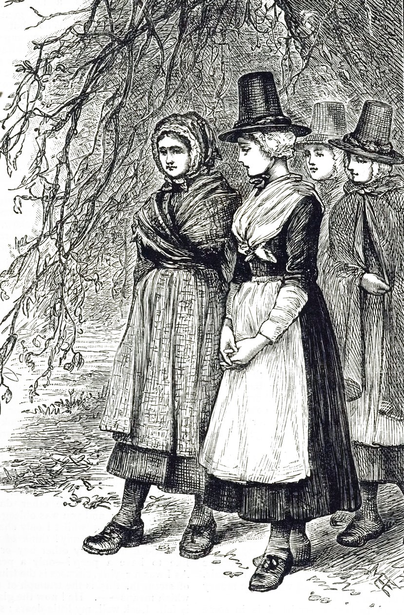 En gravyr som föreställer walesiska flickor på en Hollantide-mässa, en anställningsmässa, som väntar på att bli anställd som hemtjänst. Illustrerad av Mary Ellen Edwards (1838-1934), en engelsk konstnär och illustratör av barnböcker av Mary Ellen Edwards