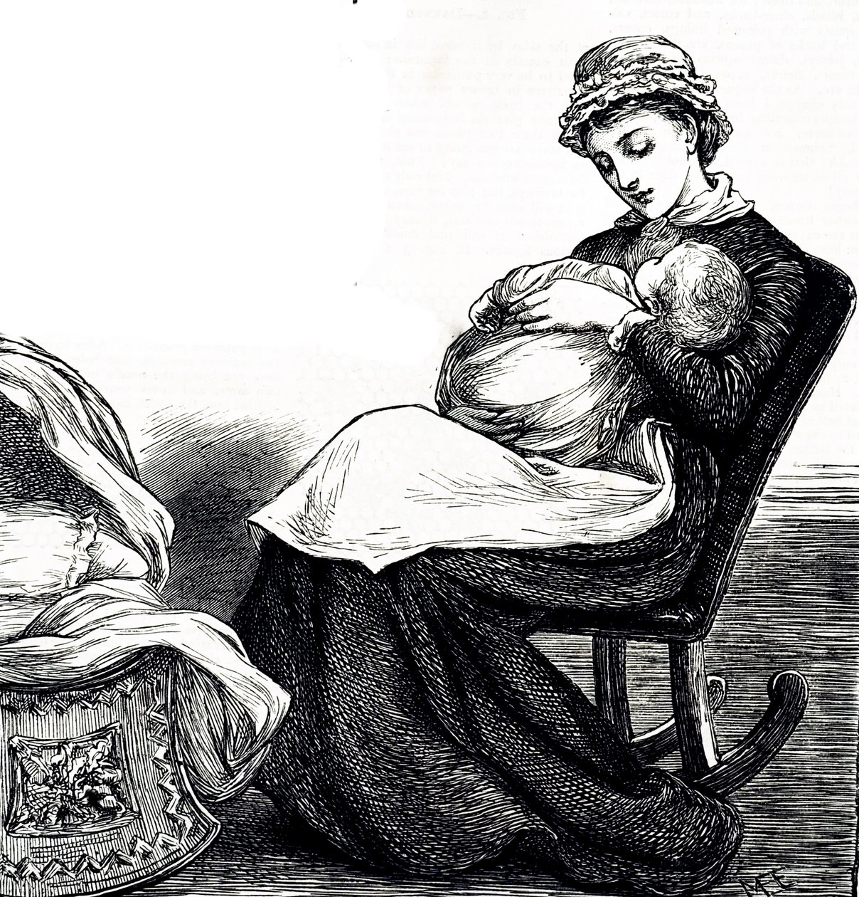 En gravyr som föreställer en mamma som vaggar sin bebis. Illustrerad Mary Ellen Edwards (1838-1934), en engelsk konstnär och produktiv illustratör av barnböcker av Mary Ellen Edwards