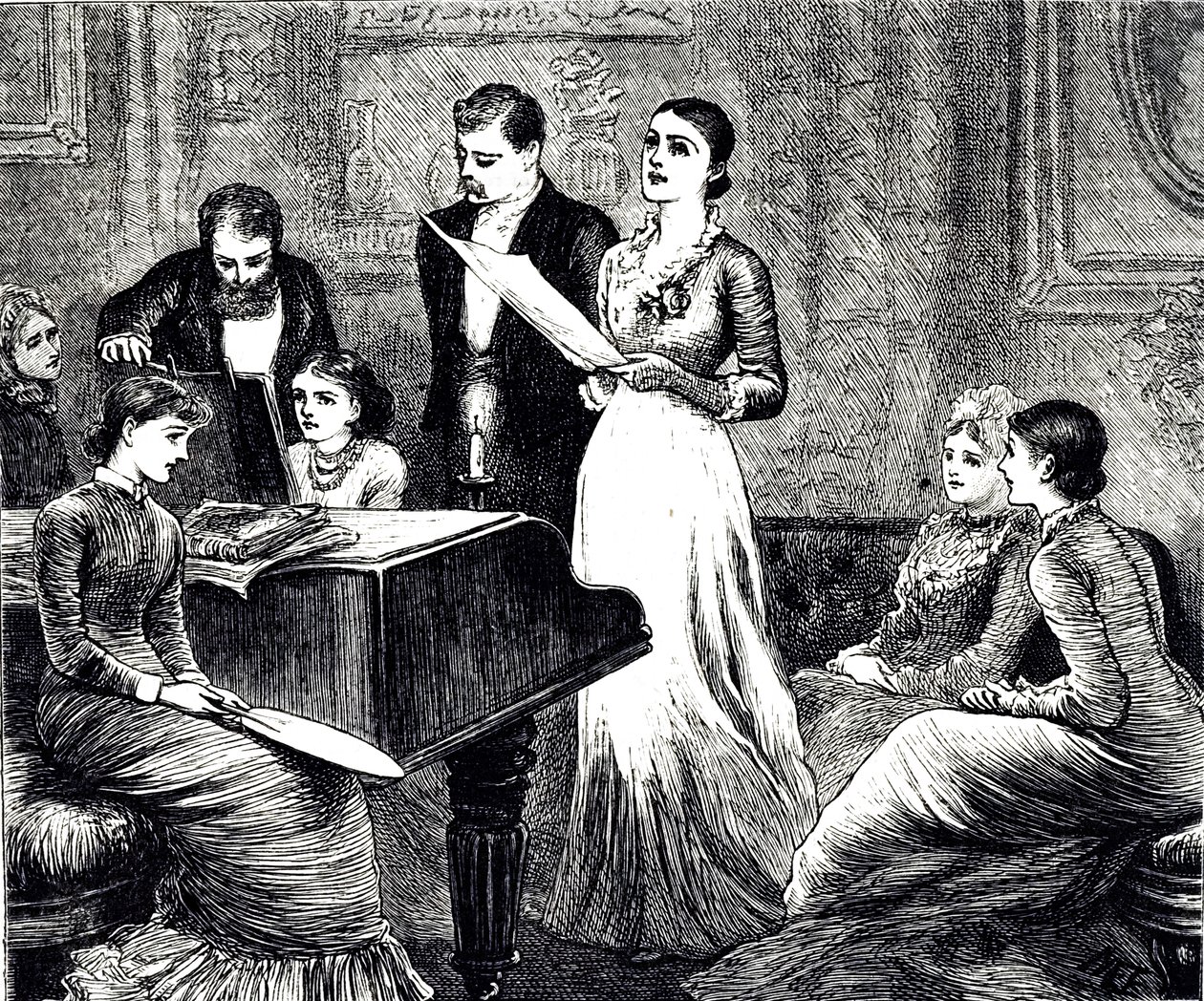 En gravyr som föreställer en musikalisk kväll. Illustrerad av Mary Ellen Edwards (1838-1934), en engelsk konstnär och illustratör av barnböcker av Mary Ellen Edwards