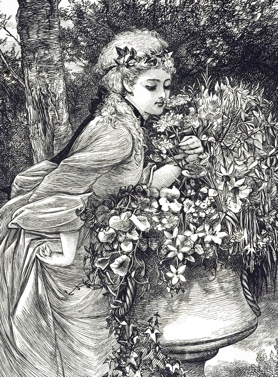 En gravyr som föreställer en ung flicka som luktar blommor inrymd i en trädgårdsurna. Illustrerad av Mary Ellen Edwards (1838-1934), en engelsk konstnär och illustratör av barnböcker av Mary Ellen Edwards