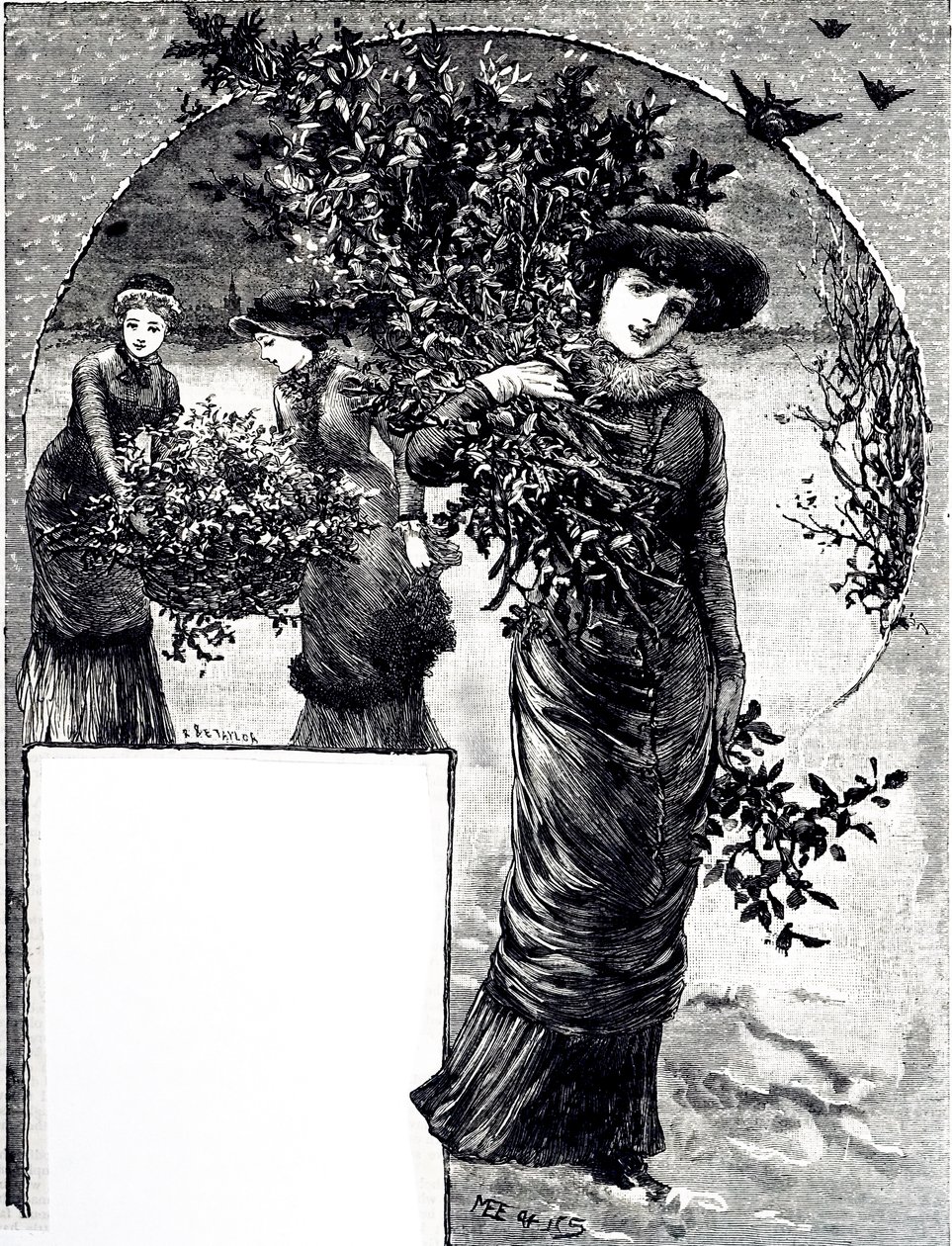 En gravyr som föreställer samlingen av järnek och vintergröna för juldekoration. Illustrerad av Mary Ellen Edwards (1838-1934), en engelsk konstnär och illustratör av barnböcker av Mary Ellen Edwards