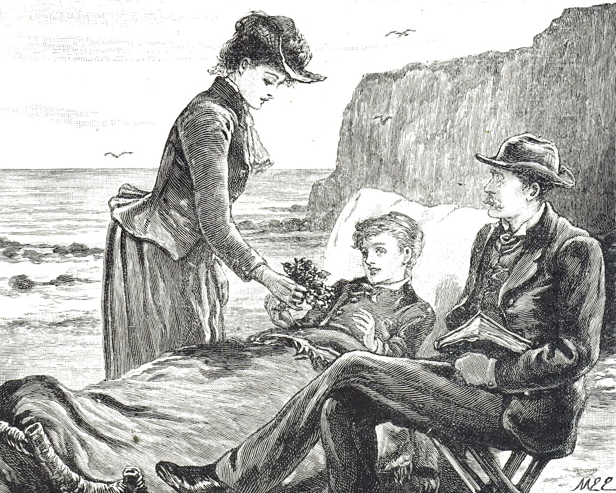 Gravyr föreställande en krympling pojke vid havet av Mary Ellen Edwards