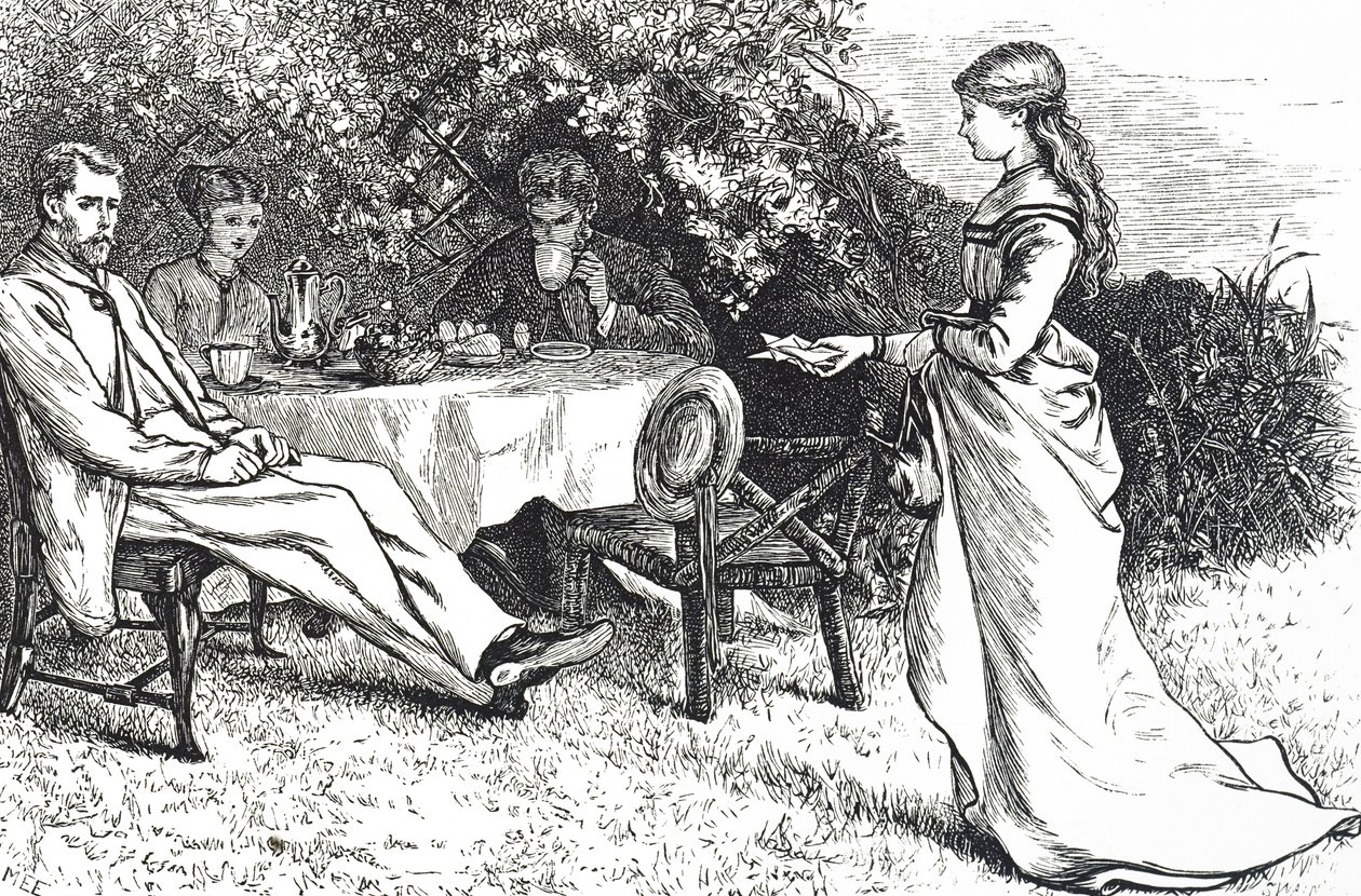 Illustration som visar en familj som tar frukost i trädgården av Mary Ellen Edwards