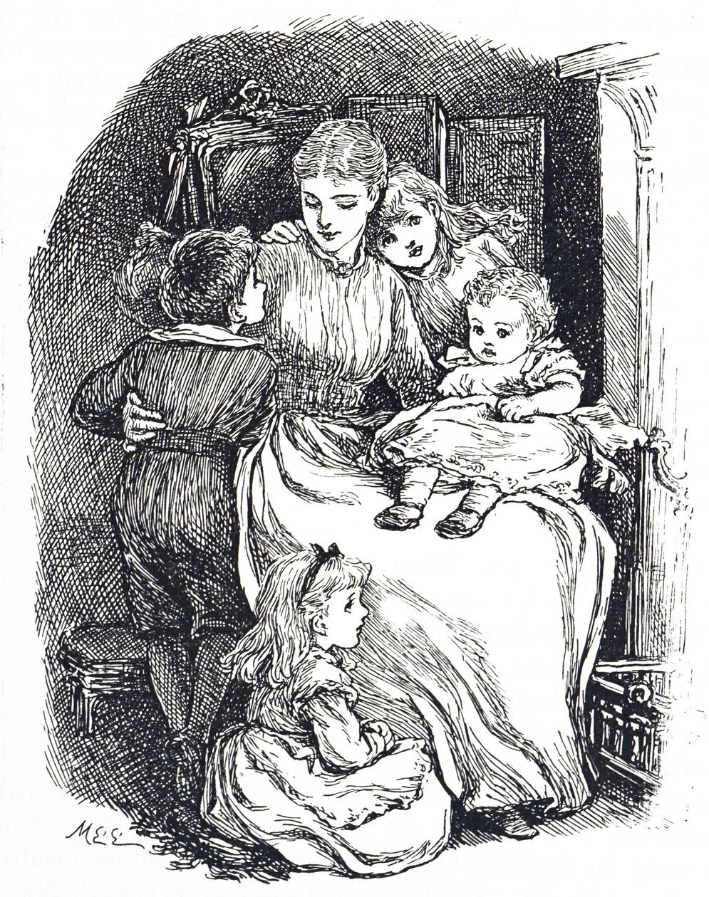 Illustration som visar en mamma med sina barn av Mary Ellen Edwards