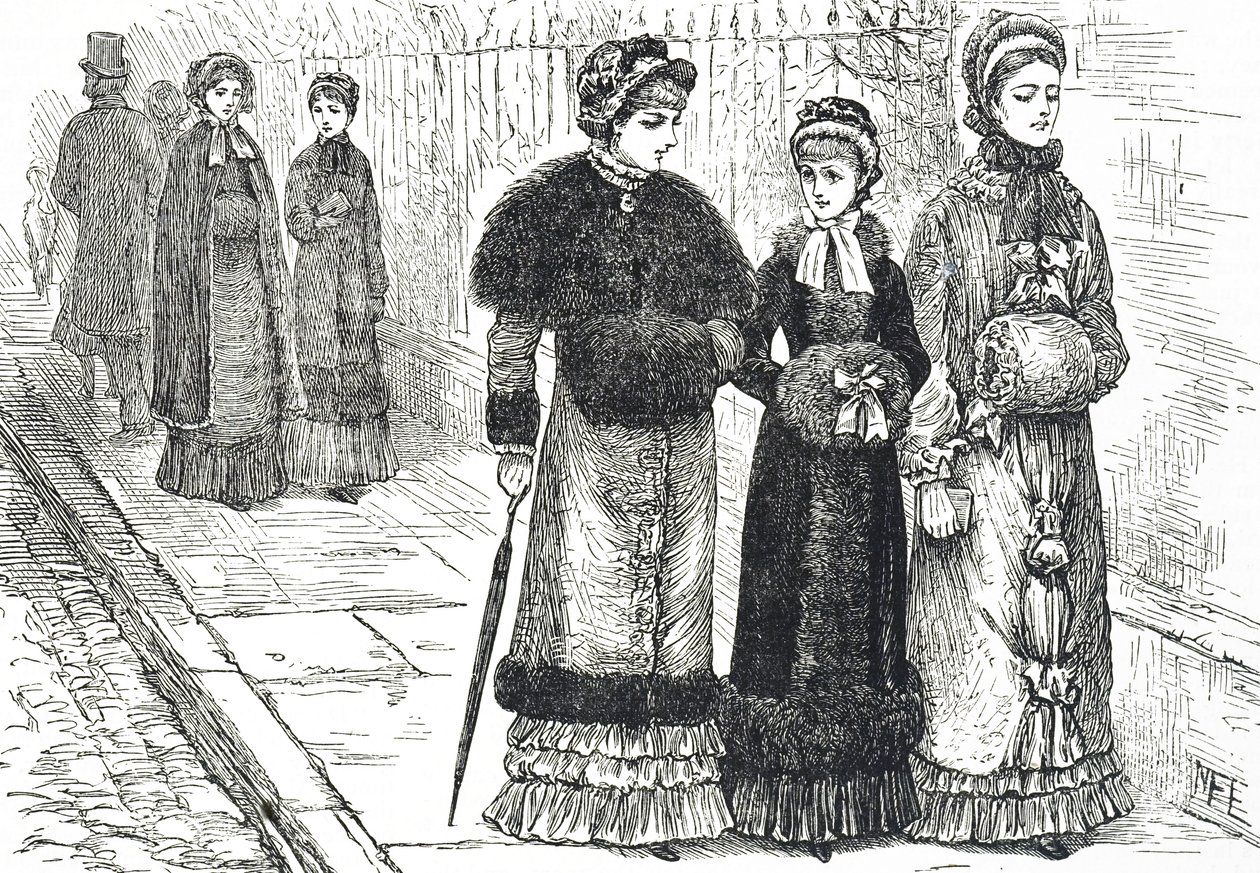 Illustration som visar unga kvinnor med muffar, för att hålla händerna varma under det kallare vädret av Mary Ellen Edwards
