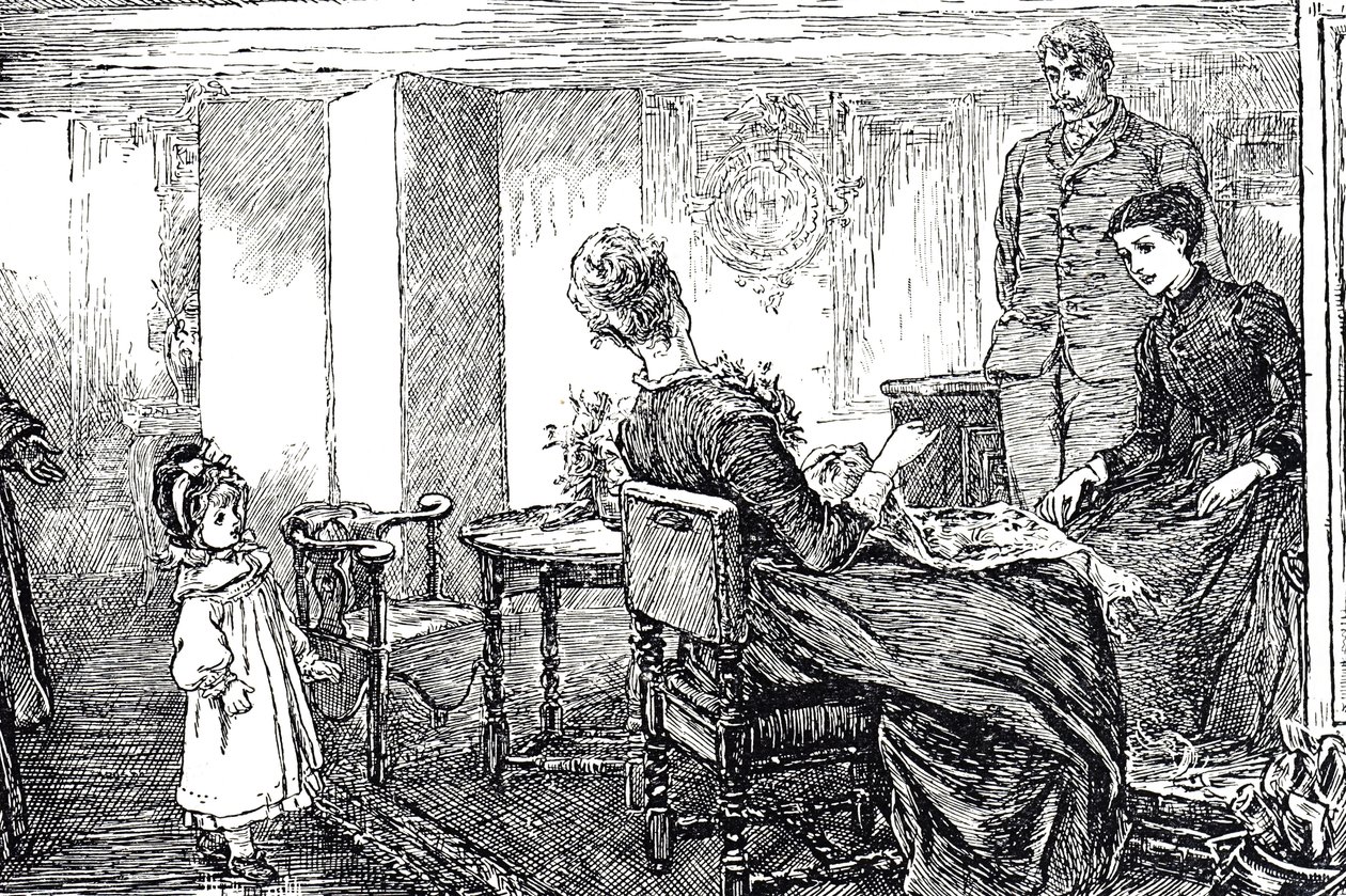 Illustration av en liten flicka som tas om hand av sina mostrar och farbror under en eftermiddag av Mary Ellen Edwards