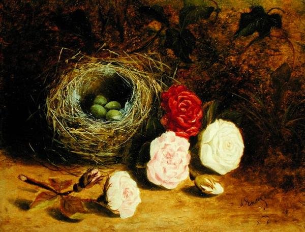 Stilleben av fågelbo och rosor (olja på duk) av Mary Ensor