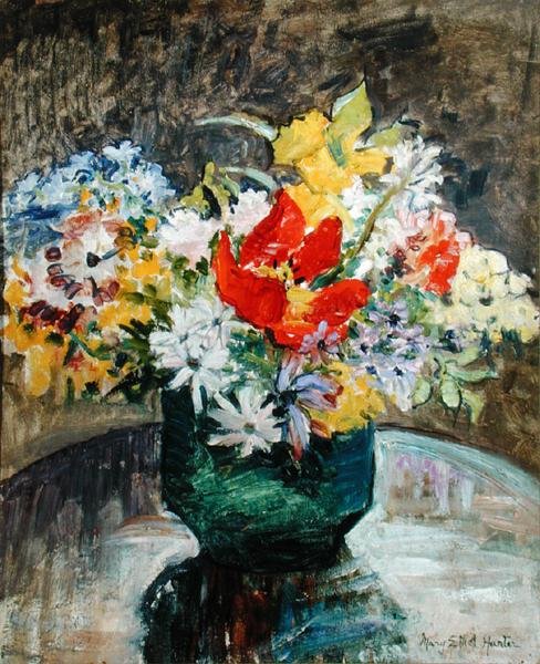 Blommor i en grön vas (olja på duk) av Mary Ethel Hunter