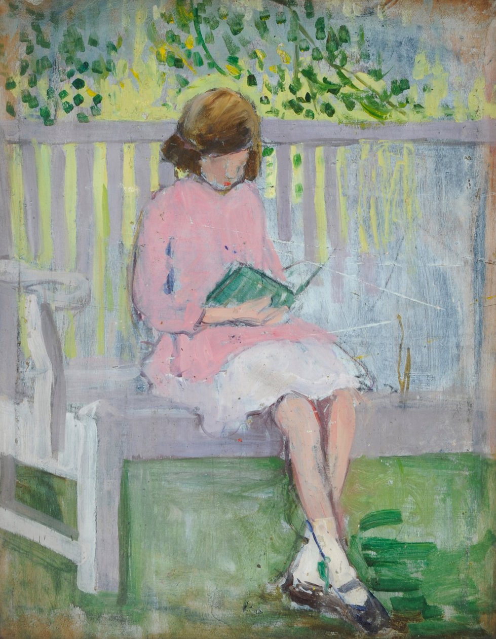Girl Reading (olja på trä) av Mary Ethel Hunter