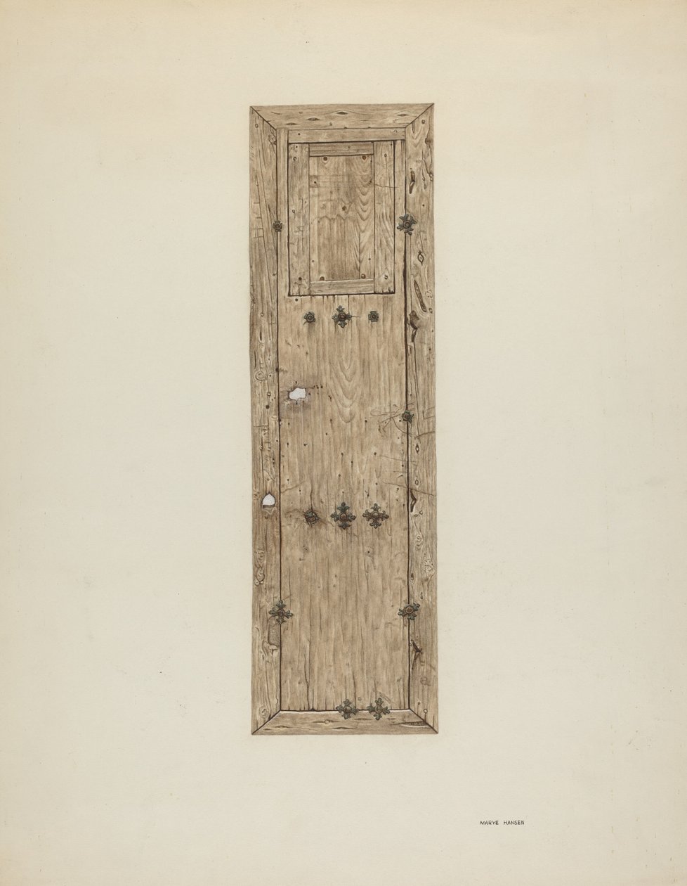 Kopparbesatt dörr en i ett par, ca. 1939. av Mary Hansen