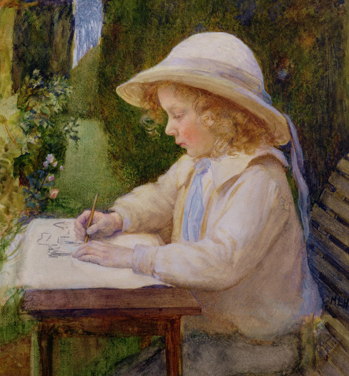Flicka som ritar på ett trädgårdsbord (studie) av Mary Harcourt