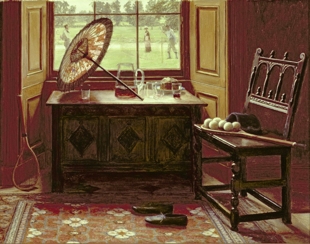 The Lawn Tennis Season, 1881 (olja på kort) av Mary Hayllar