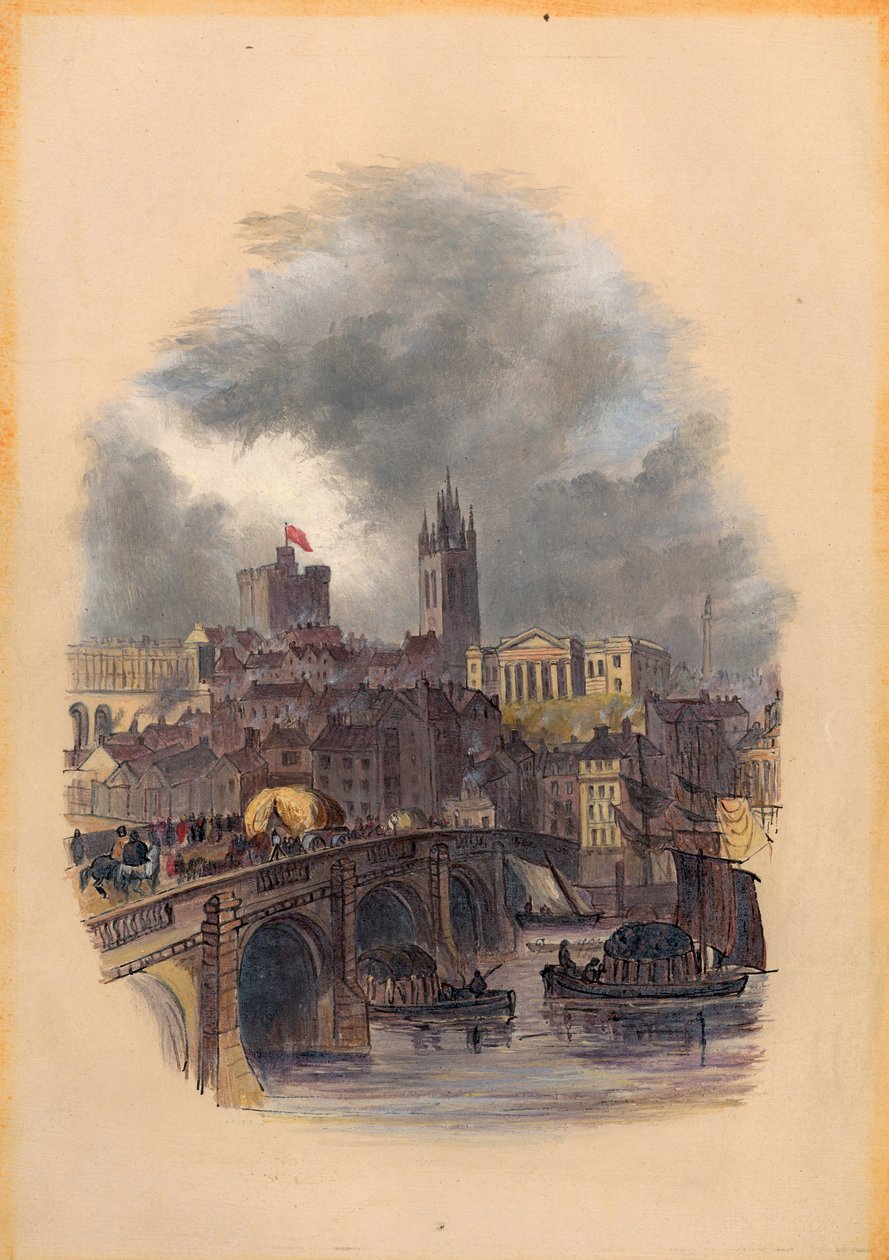 The Old Tyne Bridge, Moot Hall, St Nicholas Cathedral and Castle (bläck & wc på papper) av Mary Jane Hancock