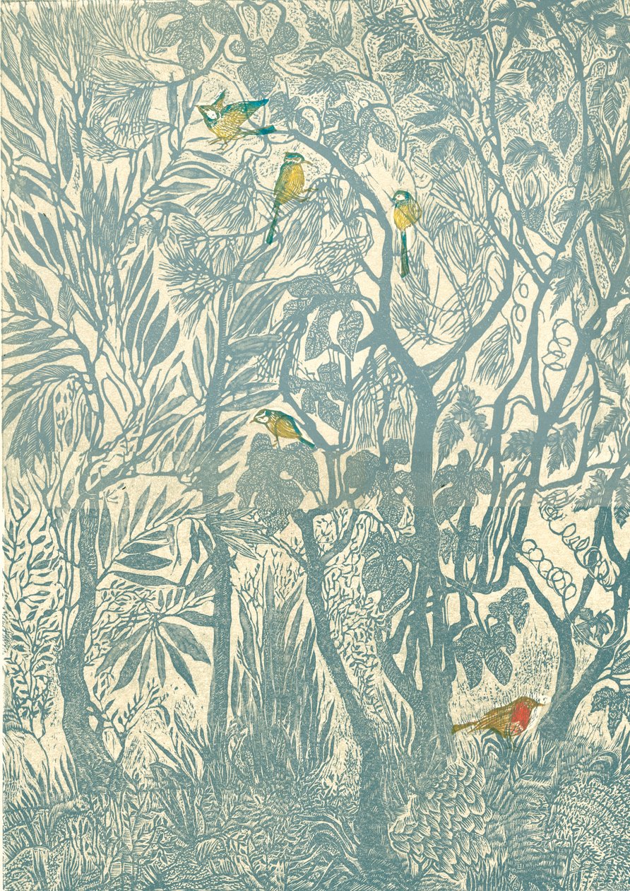 Fågelskådning från köksfönstret: robin, 2012 (vinylgravyr, relieftryck) av Mary Kuper