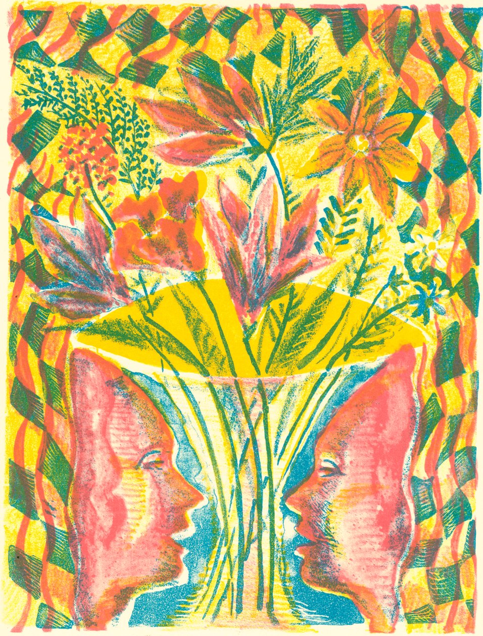 Ansikten och blommor, 2015 (litografi) av Mary Kuper