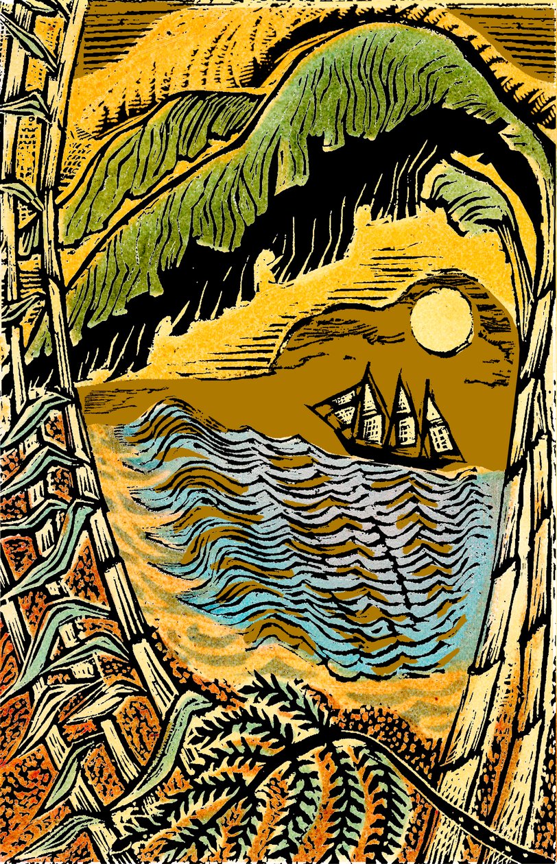 High Wind in Jamaica, 2006 (vinylgravyr, stencilerad färg) av Mary Kuper