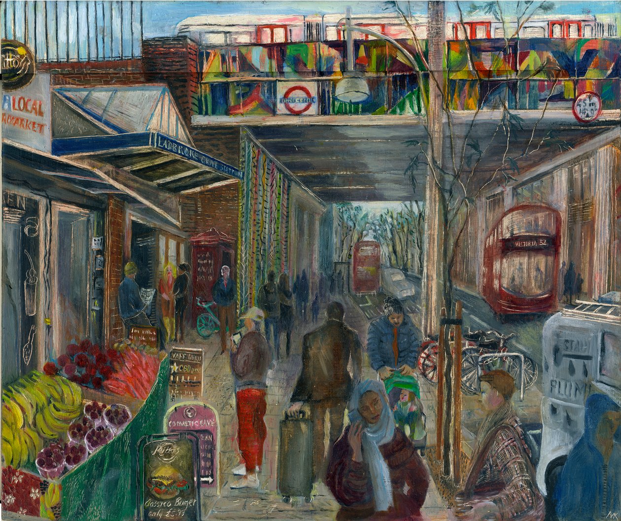 Ladbroke Grove strax före lockdown: 4, stationen, 2020 (olja ombord) av Mary Kuper
