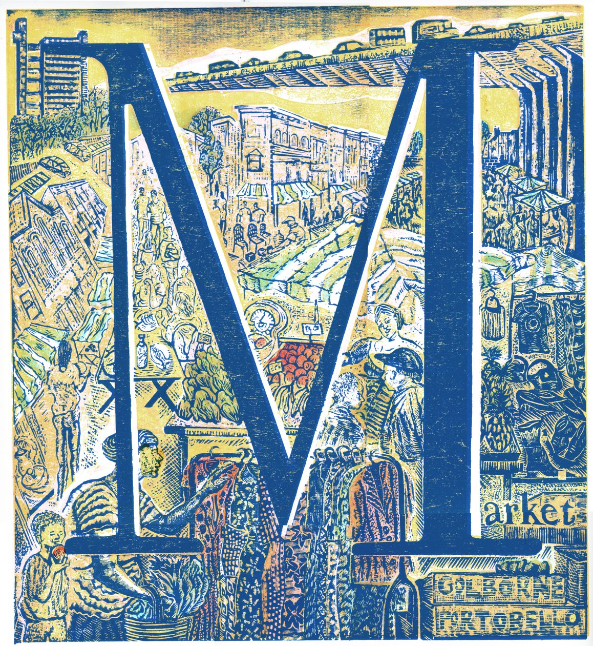 Marknad: Portobello och Golborne Road, 2015 (vinylgravyr och kollagraf) av Mary Kuper