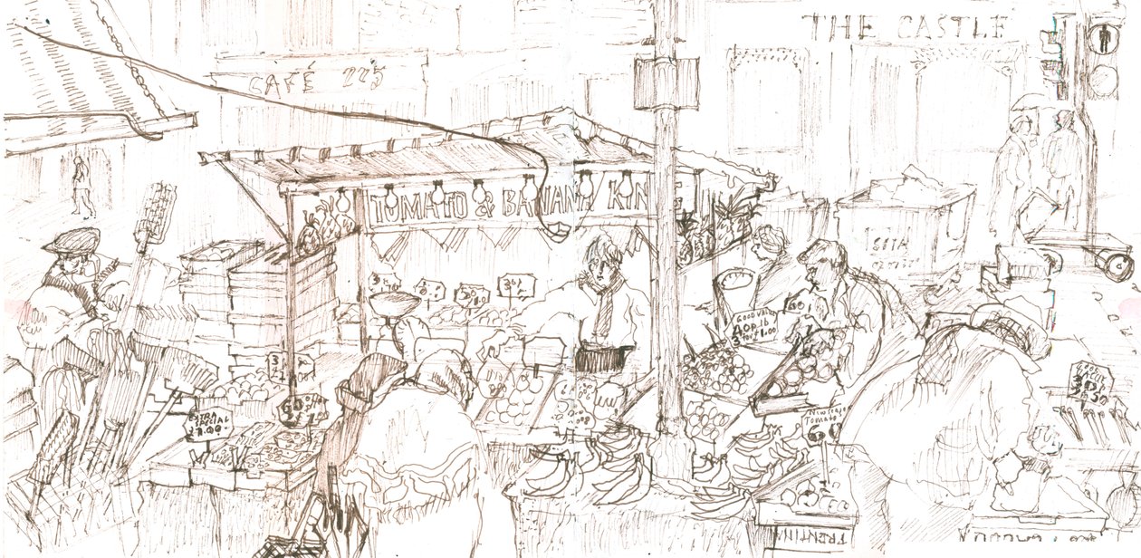 Portobello-marknaden, 2006 (penna och bläck) av Mary Kuper