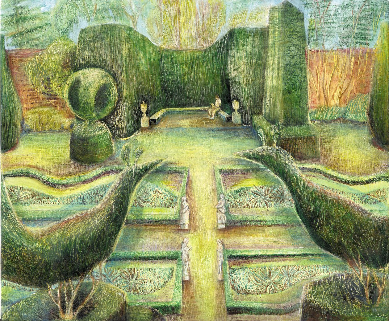 The Long Garden, Cliveden, fåglar, 2002 (olja ombord) av Mary Kuper