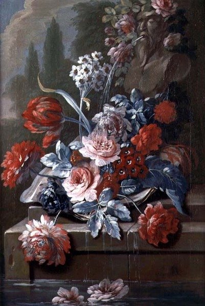 Stilleben av blommor vid en fontän (olja på duk) (par 121413) av Mary Moser