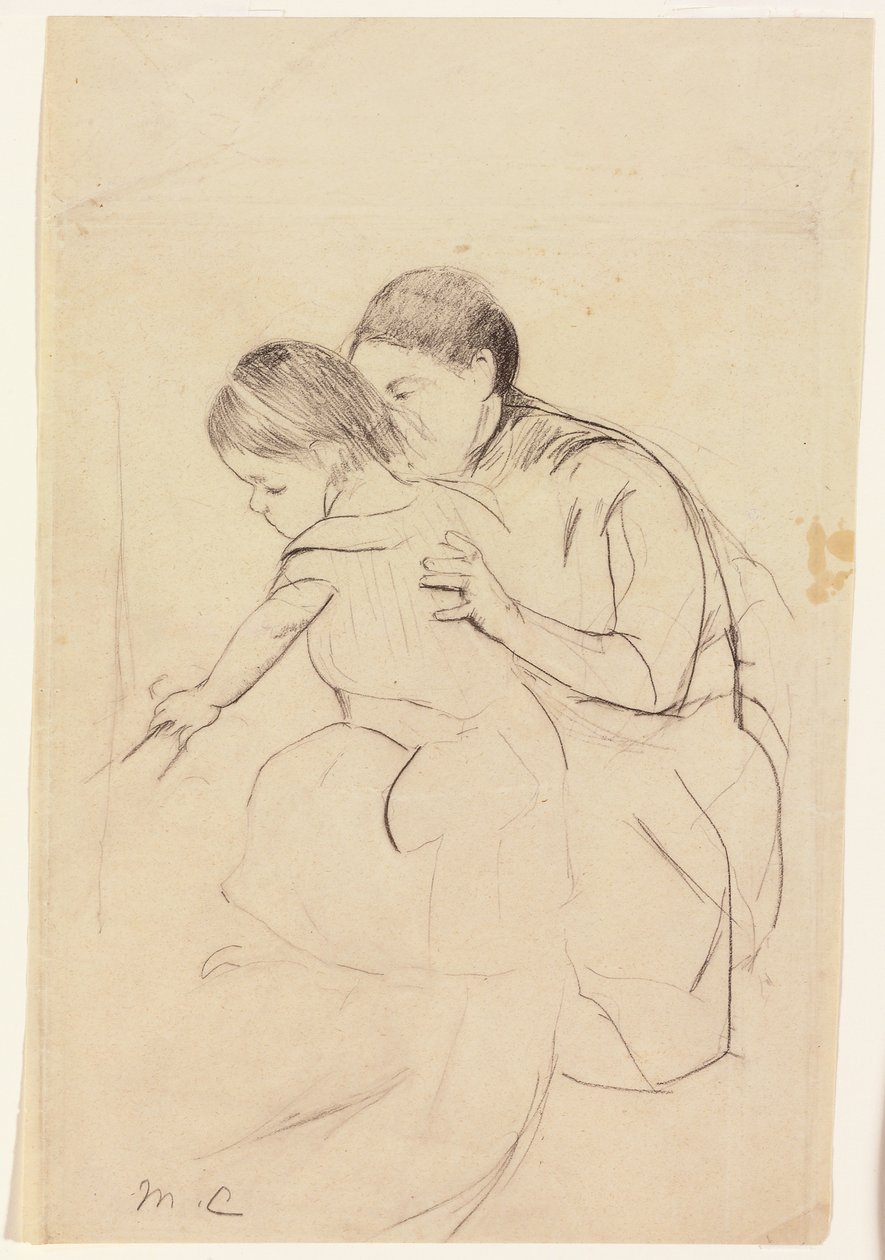 Baby med vänster hand som rör vid ett badkar, hålls av hennes sjuksköterska, c.1891 av Mary Cassatt