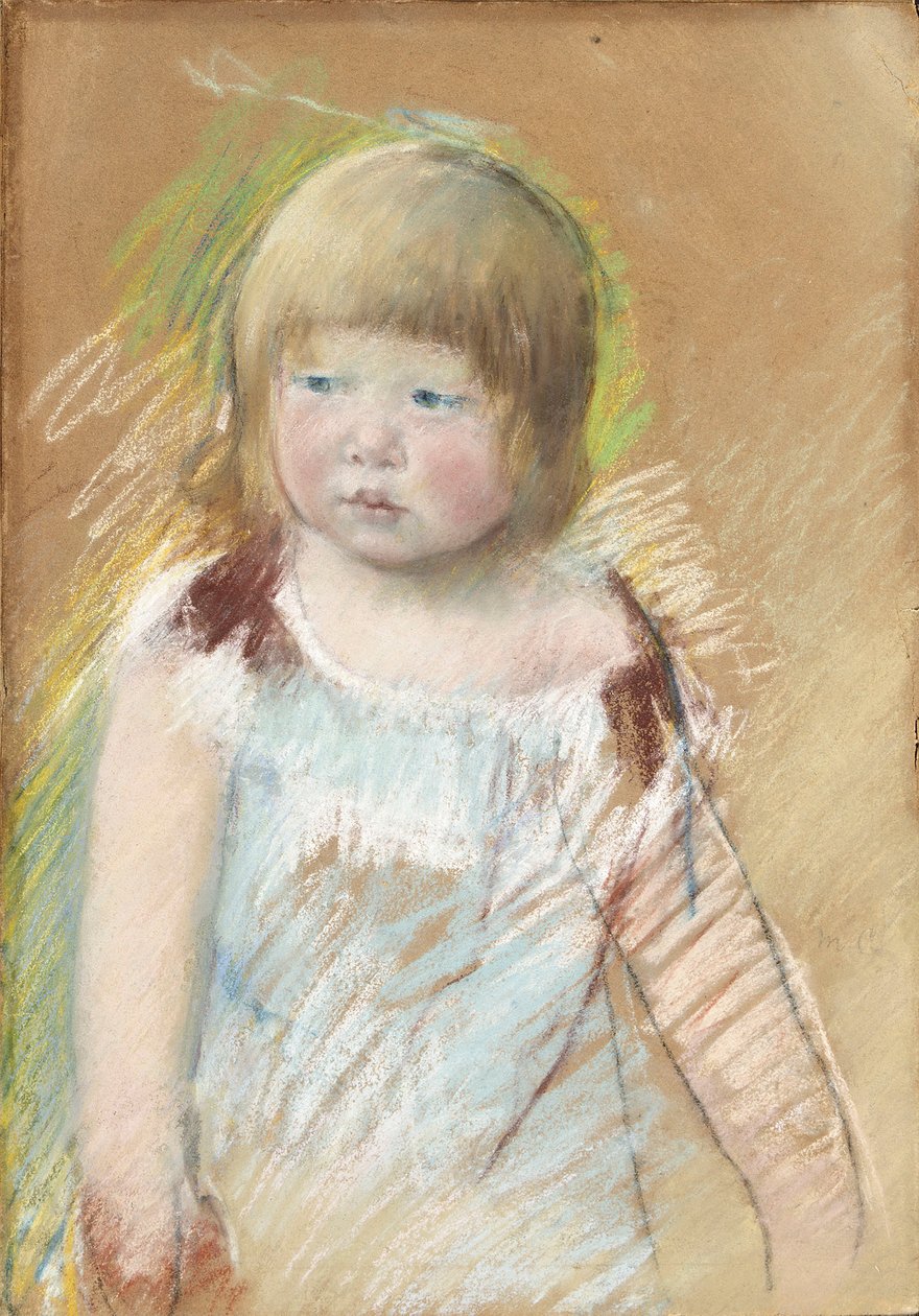 Barn med lugg i en blå klänning, ca 1910 av Mary Cassatt